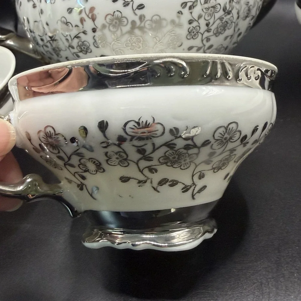Black And Silver Floral Bavarian Teapot & 4 Teacup Set